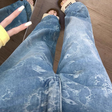 Vintage Butterfly Jacquard Straight-Leg Jeans for Women 2025 Autumn New Petite High-Waisted Floor-Length Pants