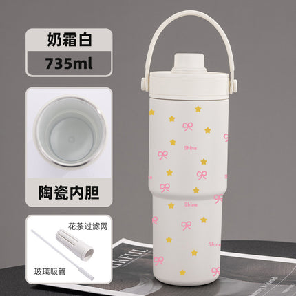 Cross-border high-value 316 stainless steel thermos cup large-capacity double-drink ceramic liner car cup portable handle cup