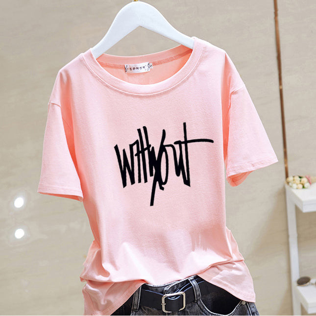 2025 New Summer Pure Cotton Short-Sleeved T-Shirt for Women Korean Style Loose Round Neck Printed Letters Age-Reducing Top Trendy Bottoming