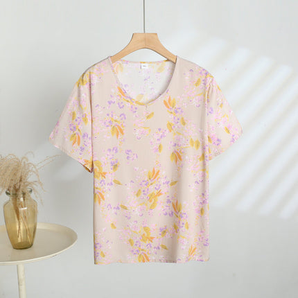 Retro Style Cotton Short-sleeved Women's Middle-aged and Elderly Mother's Vest Printed Outer Wear Base-layer Shirt All-match Artificial Cotton Top