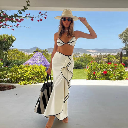 In-Stock European and American Cross-Border 2025 New Women's Swimsuit Two-Piece Solid Color Three-Piece Bikini Nylon Skirt Swimwear Set