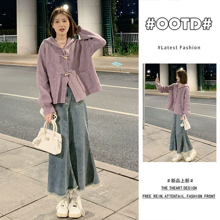 Autumn French Knitted Sweater Coat Denim Fishtail Skirt Two-piece Set Salt Style Gentle Style Elegant Wear a Complete Set