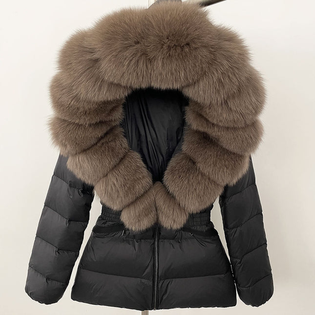 25 New Foreign Trade Hot Style Short Women's Real Fox Fur Collar down Jacket Thickened Slim Waist Fur down Jacket