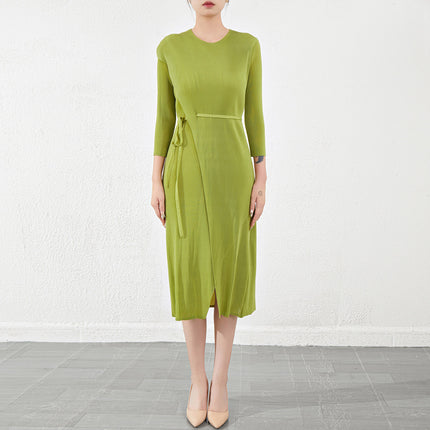 Miyake High-End Dress Long-Sleeved French Garden Collar Pleated Slit Lace-Up Slim One-Piece Dress for Women
