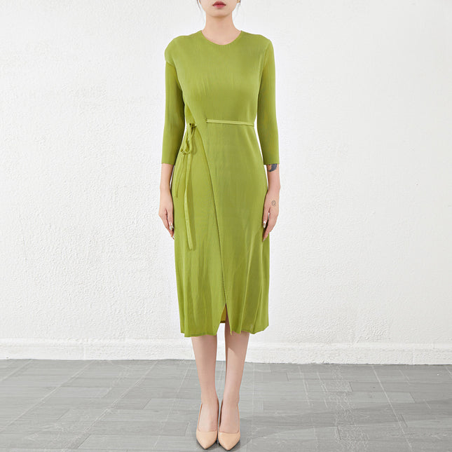 Miyake High-End Dress Long-Sleeved French Garden Collar Pleated Slit Lace-Up Slim One-Piece Dress for Women