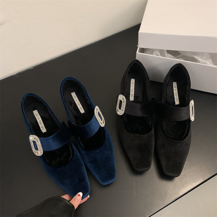 2025 Spring and Summer New Style Women's Shoes with Square Head Flat Bottom Shallow Shoes with Water Diamond Buckle Flat Heel Shoes Suede Shoes