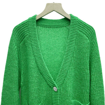 2023 CCTV Spring Festival Gala Qin Lan Same Clothes Green V-Neck Knitted Sweater Cardigan Jacket Women's Autumn and Winter Jacket