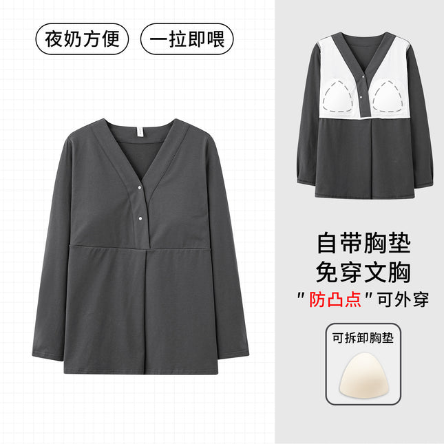 Spring and Autumn Maternity Nursing Pajamas with Breast Pads to Prevent Protrusion, Postpartum Breastfeeding Sleepwear for Women, Pure Cotton, Fashionable V-Neck Long-Sleeved Top for Postpartum Care
