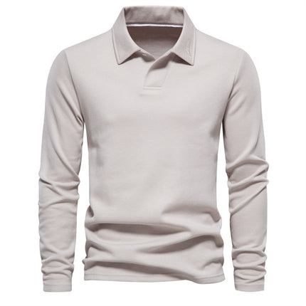 Trendy New Men's Long-Sleeve Versatile Solid Color Polo Shirt Casual Washed Polo Spring and Autumn Collared Cross-Border Grass Green