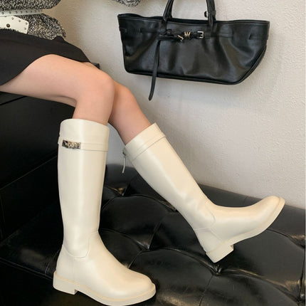 Cowhide Long Boots for Women, Knight Boots with Buckle, British Style, Chunky Heel, Thick Sole, Genuine Leather High Boots