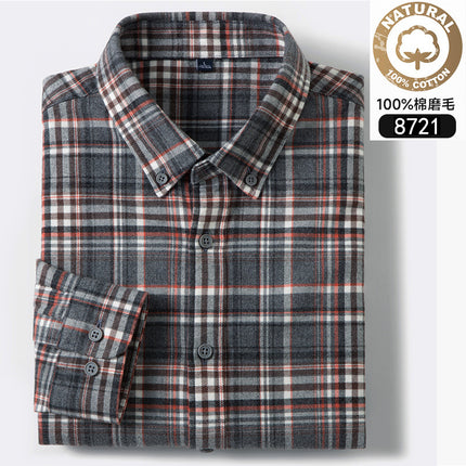 Autumn and Winter New Pure Cotton Brushed Long-Sleeved Shirts for Young and Middle-Aged Plaid Casual Business Men's Shirts Popular on Douyin