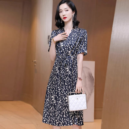 Summer New Style French Silk Dress Tea Break Dress Mid-Length V-Neck Slimming Mulberry Silk Dress