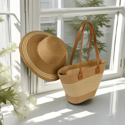 Cross-Border Straw Hat Straw Bag Two-Piece Set Sun Hat Large Capacity Striped Tote Bag Shoulder Bag Beach Bag Factory Store