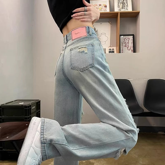 High Waist Ripped Jeans Women's Summer Fashionable All-match Light and Thin American-style Narrow Version Small Slim Look Straight Leg Wide-leg Pants