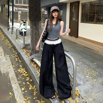 Black Design Lace Splicing Casual Pants for Women 2025 Summer New High-Waisted Loose Wide-Leg Suit Pants