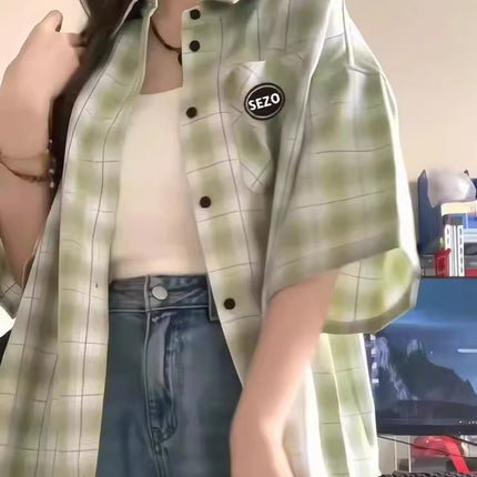 Green Plaid Short Sleeve Shirt Women's Summer New Shirt Jacket Design Sense Niche Shirt Factory Wholesale Foreign Trade