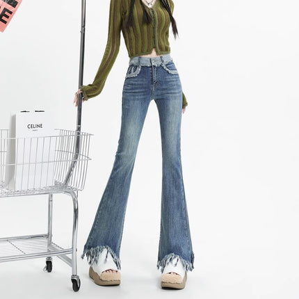 Vintage Tassel Micro-flared Jeans Women's Fashion All-match New High Waist Slimming Stretch Design Sense Trumpet Trousers