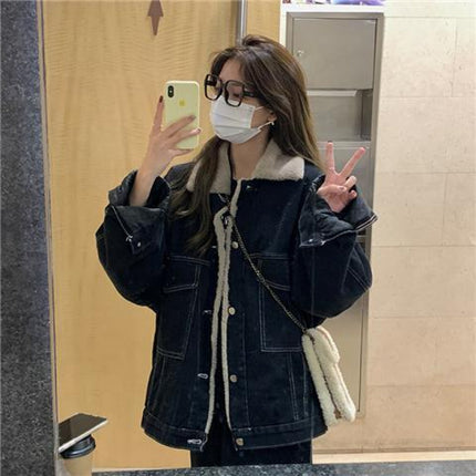 Women's Denim Jacket with Faux Rabbit Fur Lining, 2025 Winter New Korean Style, Loose Ins Street Fashion Cotton Coat Trendy Top