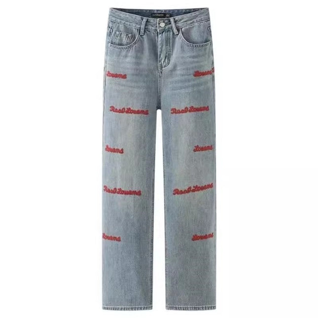 Vintage American Embroidered Straight Jeans Women's Trendy All-match plus size chubby girl High Waist Slimming Loose Wide-leg Trousers
