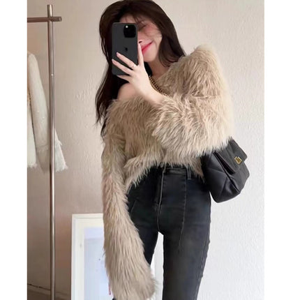 Design Sense Shoulder Imitation Mink Cashmere Sweater Women's Autumn and Winter New Soft Waxy Green Fluffy Knitted Sweater Long Sleeve Short Top