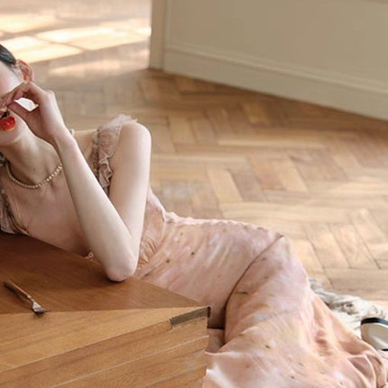 Midsummer Oil Painting Series & High-set Oblique Cut Mid-length French Printed Sling dress