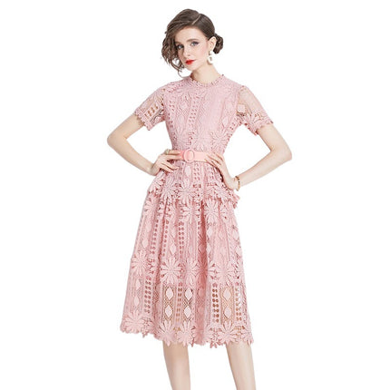2024 new cross-border light luxury high-end fashion slim hollow water soluble lace long dress