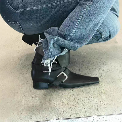 Korean Style Niche Square Toe Thick Heel Slim Boots for Women 2025 Spring New Suede Belt Buckle Retro Western Short Boots