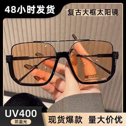 New Transparent Retro Unisex High-grade Large Frame Glasses Sunglasses Tea Black Sense Double Beam Sunglasses