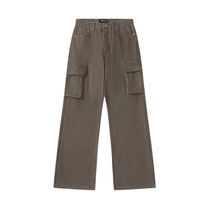 American Retro Clean Fit Slim Straight Jeans for Men Vintage Large Pocket Floor-Length Pants