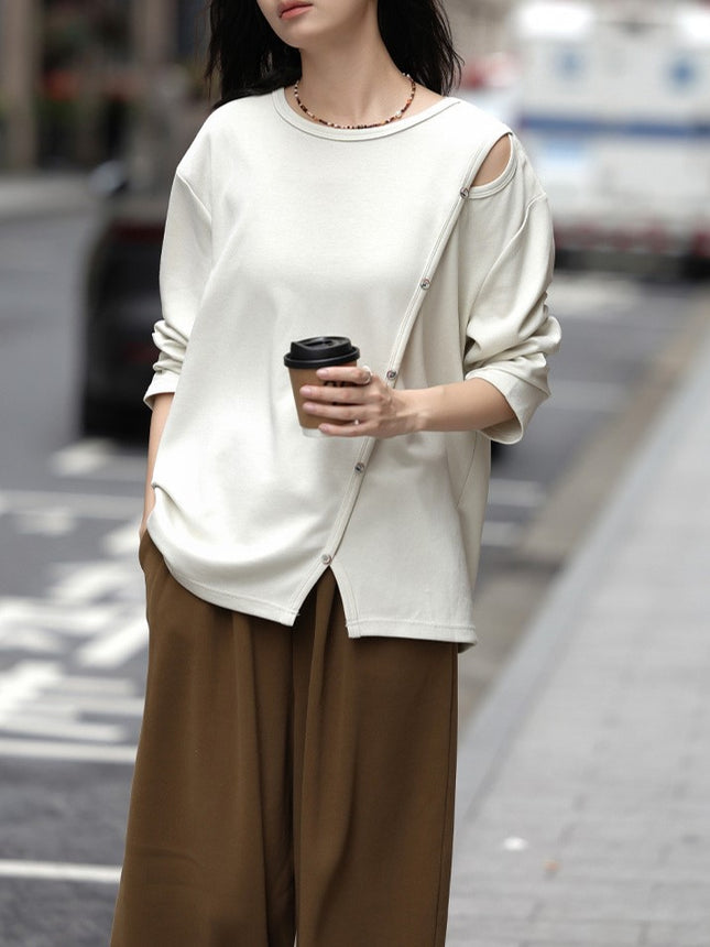 Light oxygen sense sweater 2025 spring temperament round neck oblique split fake placket design long sleeve sweater women