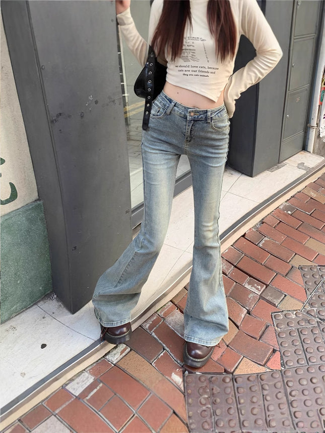 Washed Nostalgic American Style Micro-horn Trendy Brand Jeans Spring Autumn and Summer New High Waist Slimming Stretch Horseshoe Pants