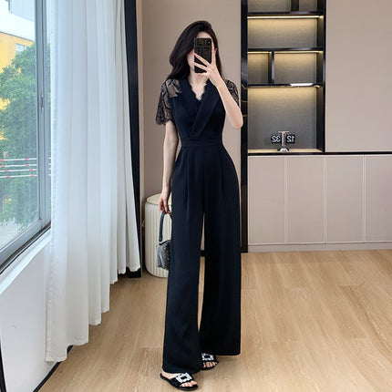 Cross-border High Leng Yujie Style Pants Women's Summer Short-sleeved High Waist Lace Stitching Hollow-out Pants Straight Pants