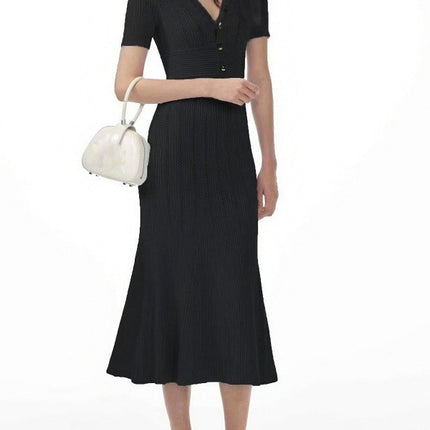 S Brand French-Style Niche 2026 Spring/Summer New Cross-Border Thin Mist Blue Short-Sleeve V-Neck Knit Dress Gown Long Dress