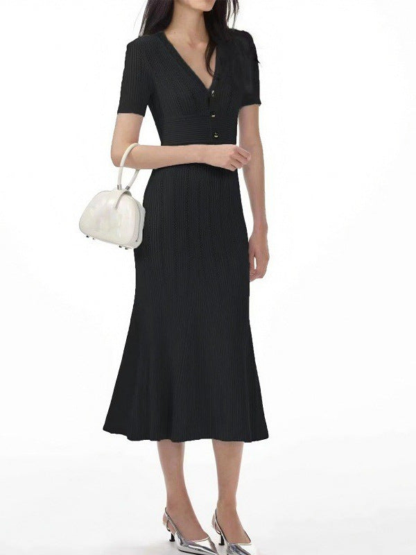 S Brand French-Style Niche 2026 Spring/Summer New Cross-Border Thin Mist Blue Short-Sleeve V-Neck Knit Dress Gown Long Dress