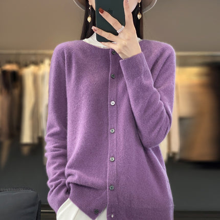 Round neck first-line clothing pure wool sweater cardigan coat women's osmanthus needle knitted bottoming shirt long sleeve solid color top