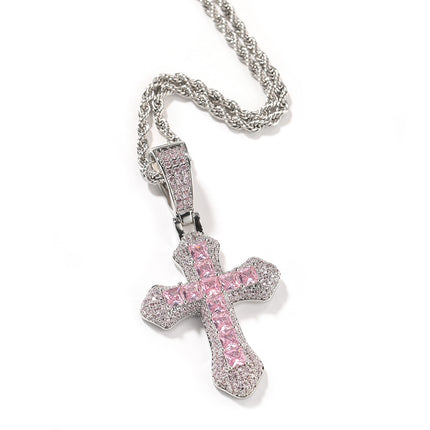 European and American Hip Hop Cross Pendant Jewelry Necklace Large Copper Set Purple Zircon Light Luxury Sweater Necklace Wholesale