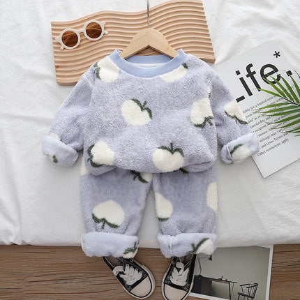 Free Shipping Yukids Kidsren's Autumn and Winter Home Clothes Set for Men and Women Baby Flannel Fruit Warm Two-Piece Set