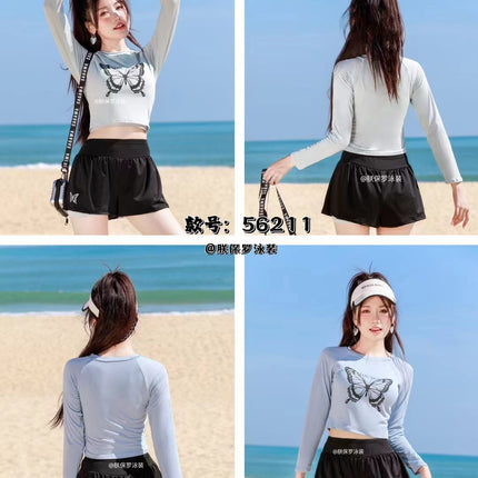 New Sports Slimming Long-sleeved Split Belly Covering Two-piece Set Conservative Student Girl's Cunnable Hot Spring Swimsuit