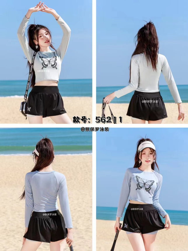 New Sports Slimming Long-sleeved Split Belly Covering Two-piece Set Conservative Student Girl's Cunnable Hot Spring Swimsuit