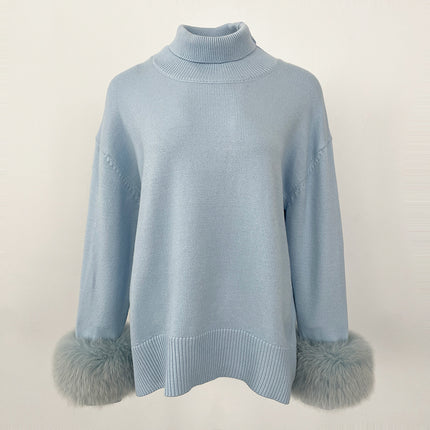 Women's Sweater Amazon Aliexpress Hot-Selling Autumn and Winter New Style Real Fox Fur Cuffs Loose High-Neck Knit Sweater for Women