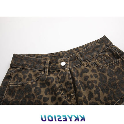 American Hot Girl Leopard Print Design Denim Shorts Women's Summer High Waist Hip-Hop Street Versatile Casual Hot Pants Ins