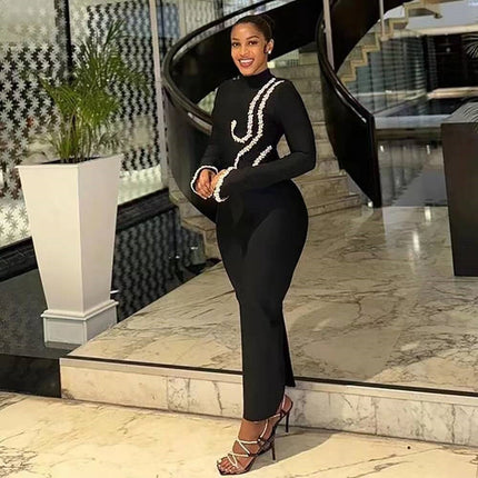 Europe and the United States cross-border new nail drill long sleeve tight bandage dress socialite elegant banquet dress dress