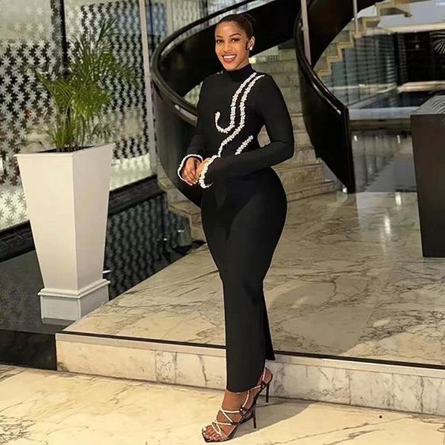 Europe and the United States cross-border new nail drill long sleeve tight bandage dress socialite elegant banquet dress dress