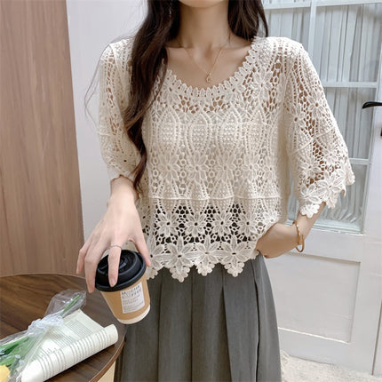 2025 New Summer Design Cut Out Knitwear Women's Holiday Style Blouse Heavy Crochet Cut Out Short Top