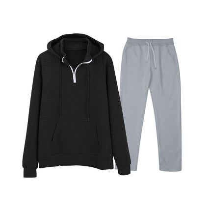 European and American Cross-Border Long-Sleeved Waffle Top Aliexpress Solid Color Drawstring Pocket Hoodie Sweatshirt and Sweatpants Set