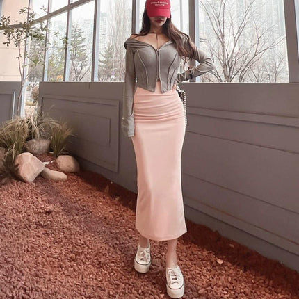 South Korea's Dongdaemun Spring and Summer New Style Slim High-Waisted Pleated Back Slit Figure-Showing Hip-Hugging Long Skirt for Women