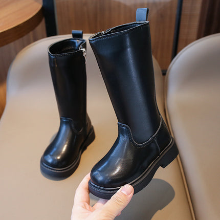 2024 Autumn and Winter New Children's High Boots Korean Style fleece-lined Warm Girls' Leather Boots Fashion Soft Bottom All-match Fashion Boots