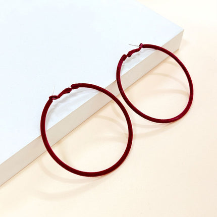 Autumn and Winter new wine red flocking big circle earrings exaggerated ring earrings retro simple ear jewelry European and American style