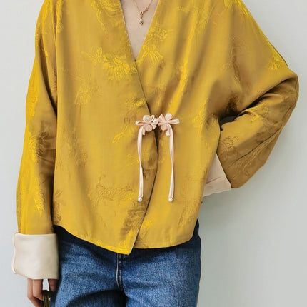 Special Offer: New Chinese-Style Jacquard Tang Suit Jacket, High-End Long-Sleeve Chinese-Style Raglan Sleeves, Tie-Up with Traditional Chinese Buttons, Women's Top with Color-Blocking