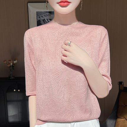 Spring and Summer Worsted Wool Short-Sleeved Women's Round Neck Quarter-Sleeved Knitted T-Shirt Loose Cut Out Half-Sleeved Bottoming Top for Women